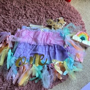 Unicorn rainbow first birthday party decorations back drop high chair banner